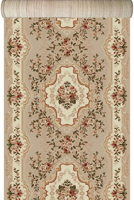 Covor traversa pentru hol clasic crem bej cu model floral traditional si bordura decorativa