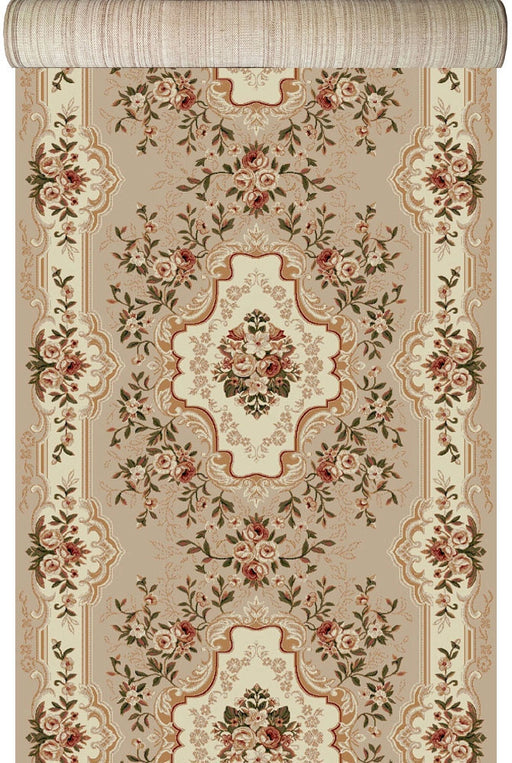 Covor traversa pentru hol clasic crem bej cu model floral traditional si bordura decorativa