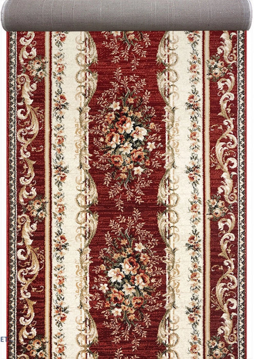 Covor traversa pentru hol clasic grena cu model floral traditional si bordura decorativa