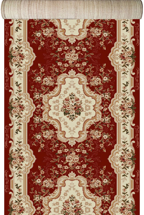 Covor traversa pentru hol clasic grena cu model floral traditional si medalion central