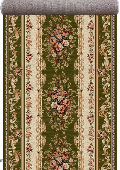 Covor traversa pentru hol clasic verde cu model floral traditional si bordura decorativa