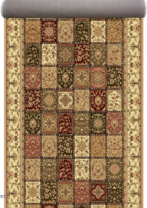 Traversa covor hol crem bej festonata cu model patchwork tip timbre stil persan oriental pentru coridor si hol