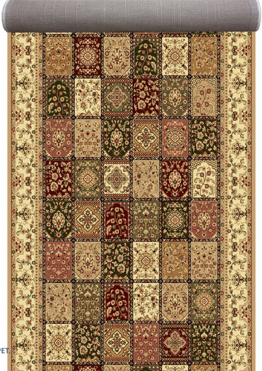 Traversa covor hol crem bej festonata cu model patchwork tip timbre stil persan oriental pentru coridor si hol