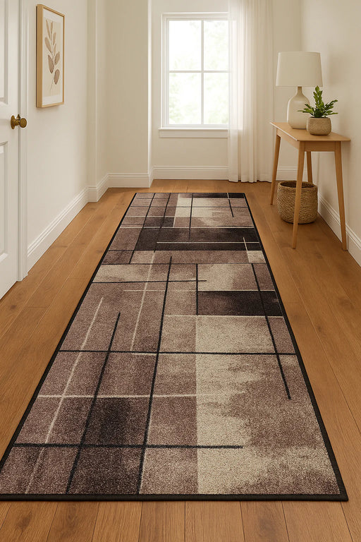 Traversa covor bej maro pentru hol lung, model geometric modern, eleganta si rezistenta