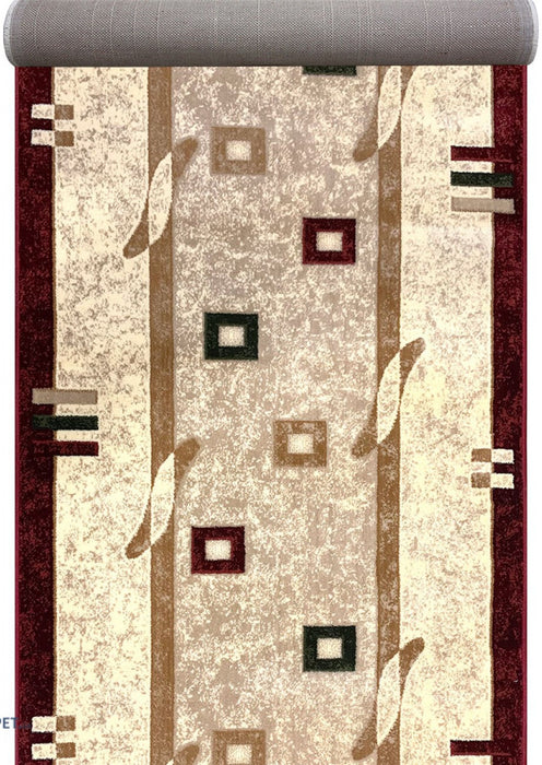 Traversa covor hol lung crem grena modern cu model geometric elegant potrivita pentru coridor si spatii interioare