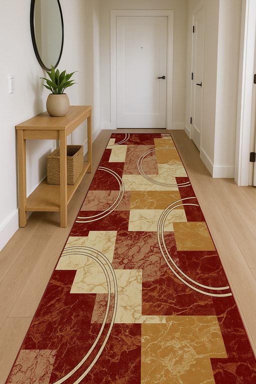 Traversa covor hol lung grena modern cu model geometric ideala pentru hol bucatarie si coridor interio