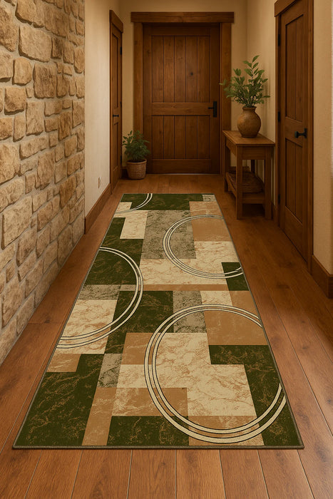 Traversa covor hol lung verde modern cu model geometric ideala pentru hol bucatarie si coridor interior