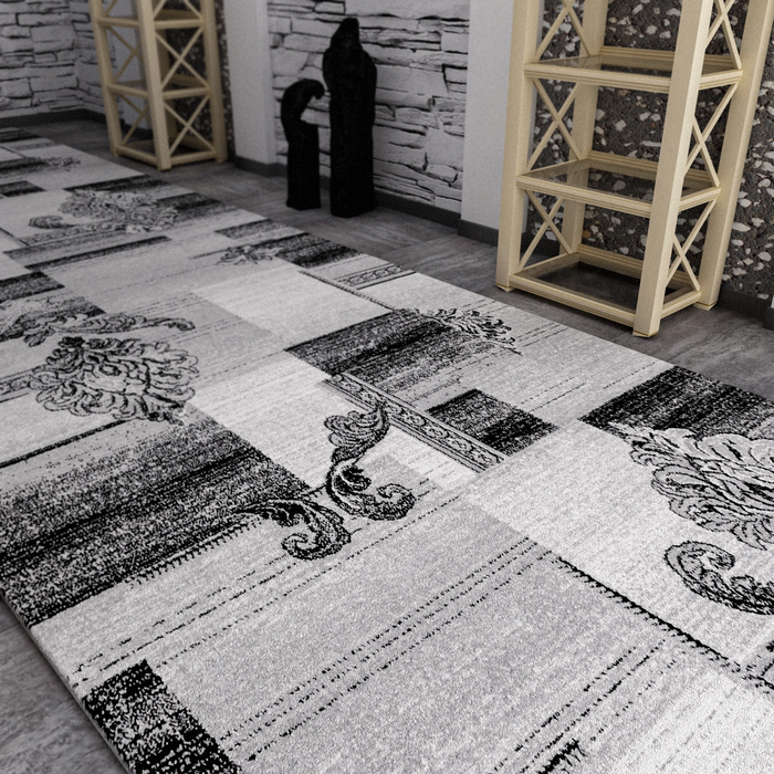Traversa covor moderna gri pentru hol lung si living cu model geometric elegant