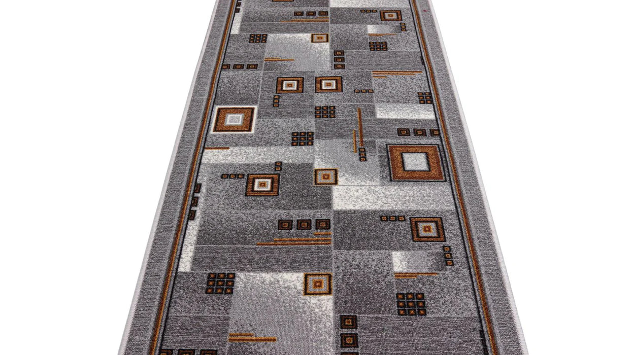 Traversa covor lung pentru hol sau bucatarie, gri cu suport pasla si design geometric
