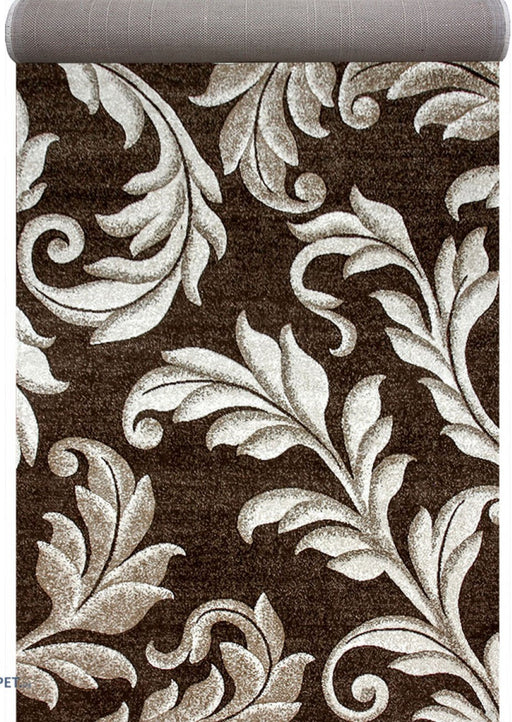 Traversa covor maro crem clasica pentru hol lung cu model floral elegant