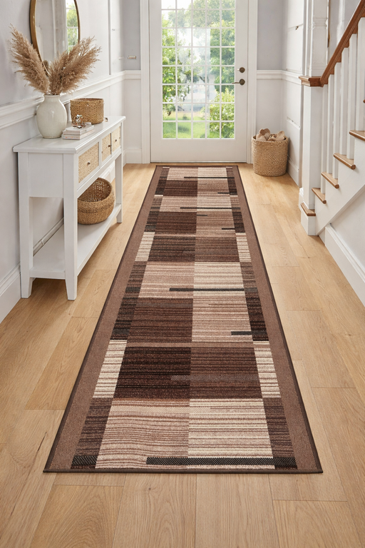 Traversa covor maro pentru hol cu suport pasla, model modern si rezistent, ideala pentru trafic intens