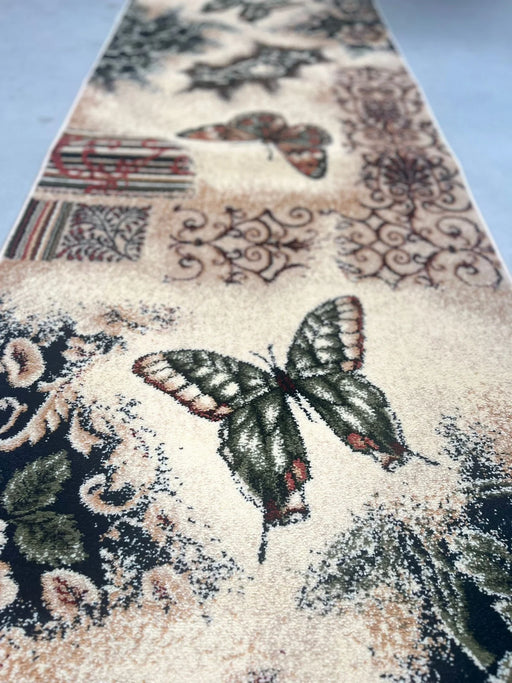 Covor traversa moderna pentru hol bej cu model decorativ fluturi usor de integrat in orice interior