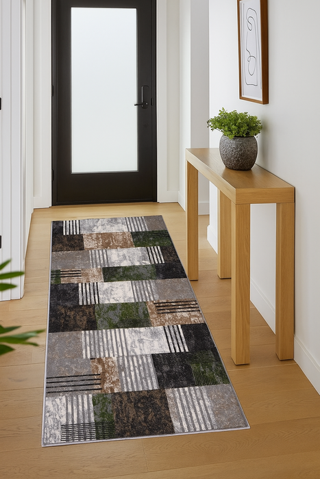 Traversa covor moderna geometrica gri bej pentru hol lung si intrare design patchwork elegant