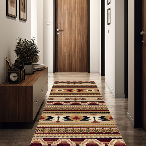 Traversa covor traditionala clasica pentru hol lung, model etnic geometric in nuante calde