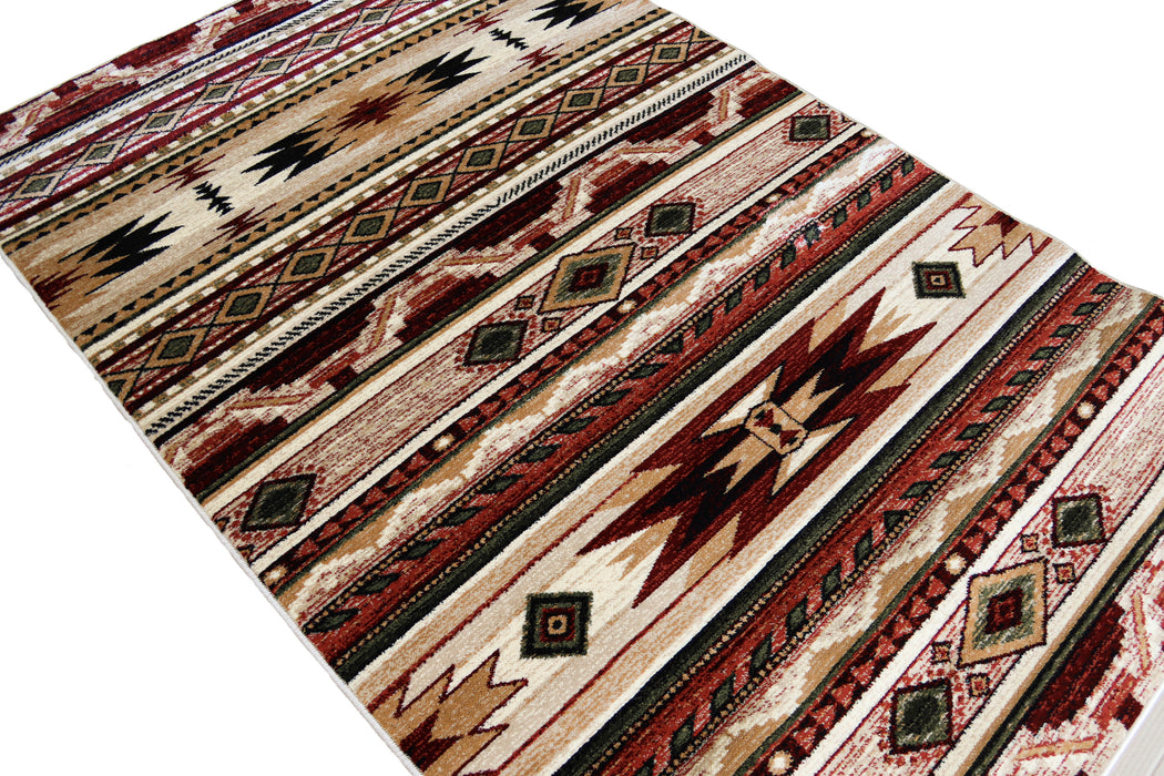 Detaliu model geometric traditional pe traversa covor, culori rosu bej maro