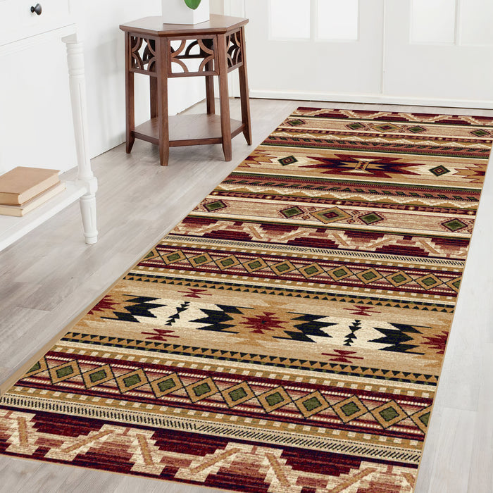 Traversa covor lunga pentru hol ingust, model traditional cu forme geometrice