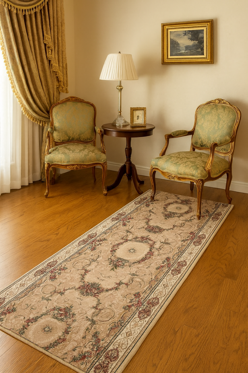 Traversa crem bej florala stil clasic potrivita pentru hol si living