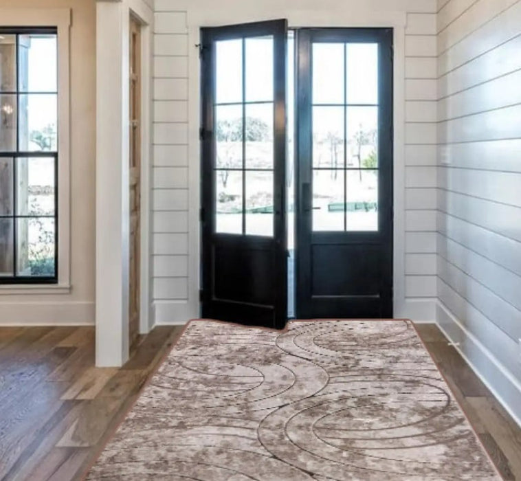 Traversa crem maro cu model abstract circular potrivita pentru hol