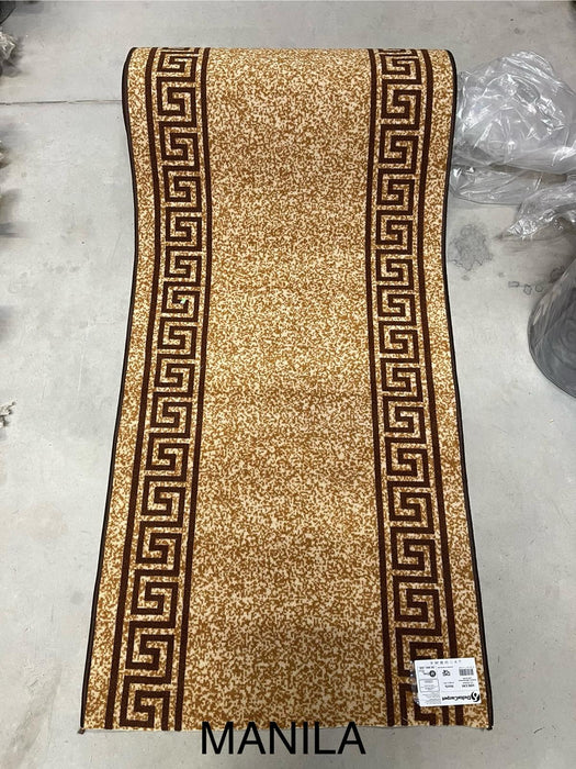 Traversa hol lunga bej maro Print Manila cu suport pasla, covor hol lung modern pentru coridor