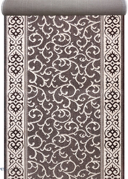 Traversa hol lunga tip iuta maro cu model ornamental, covor bucatarie modern rezistent