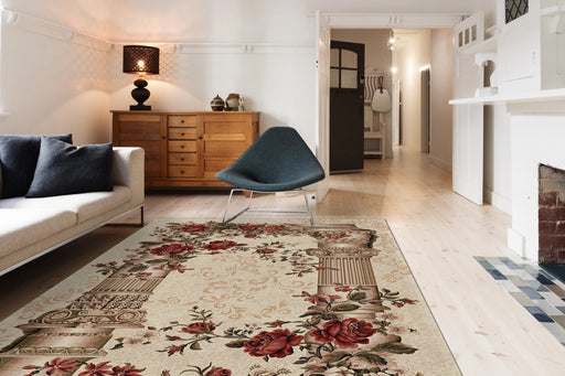 Covor clasic floral bej crem in living, potrivit pentru interior elegant