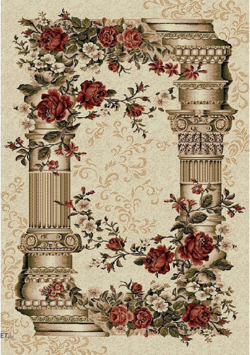 Covor clasic floral bej crem cu model traditional, ideal pentru living sau dormitor