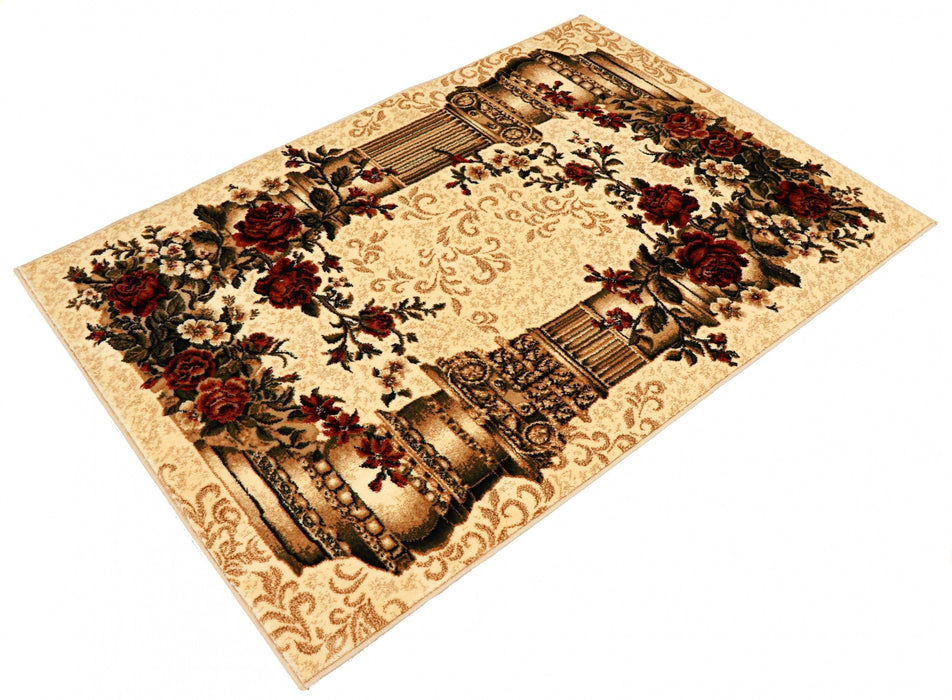 Covor clasic floral bej crem, vedere din unghi cu detalii ornamentale