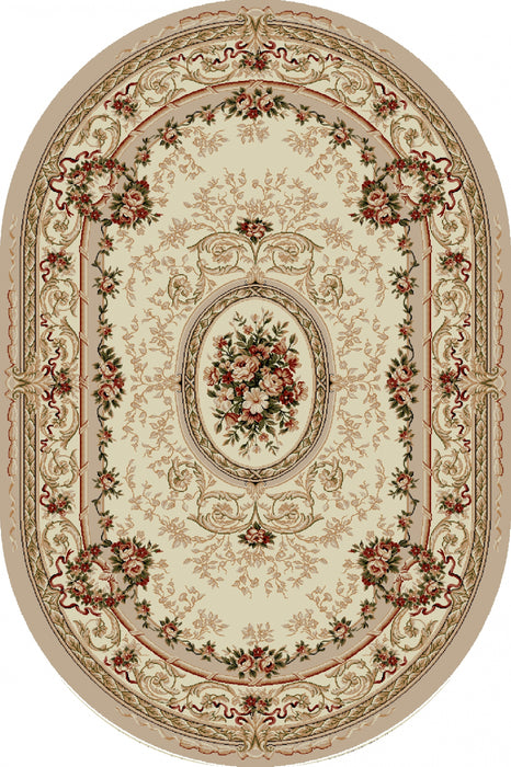 Covor clasic floral oval crem bej cu model traditional, pentru living sau dormitor