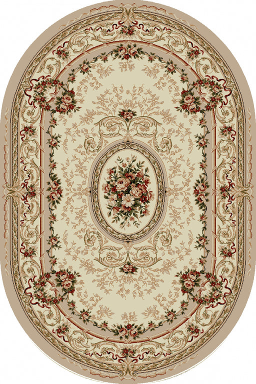 Covor clasic floral oval crem bej cu model traditional, pentru living sau dormitor