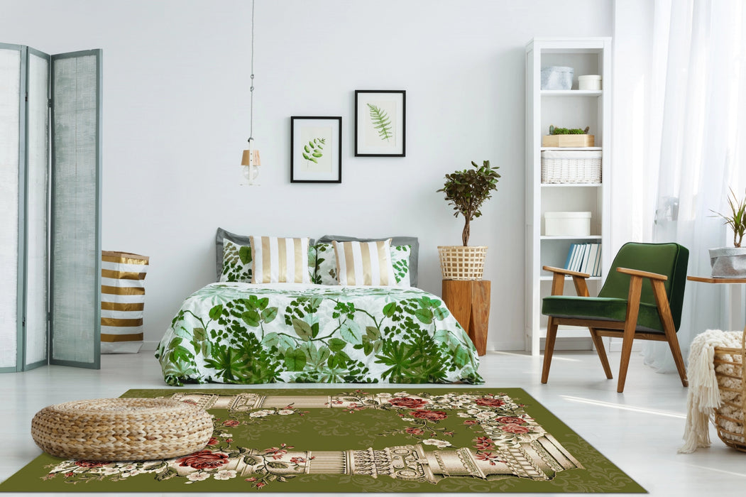 Covor clasic floral verde in living, potrivit pentru un interior elegant