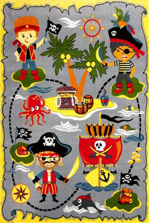 Covor pentru copii cu pirati, harta comorii si personaje colorate, ideal pentru camera copiilor.