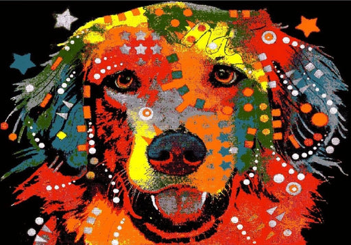 Covor living artistic cu model caine multicolor, ideal pentru iubitorii de animale si amenajari moderne.