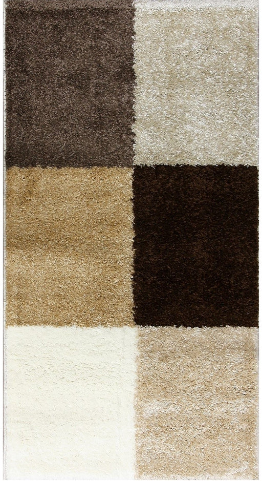 Covor living bej maro cu model patchwork, covor modern pufos pentru living sau dormitor