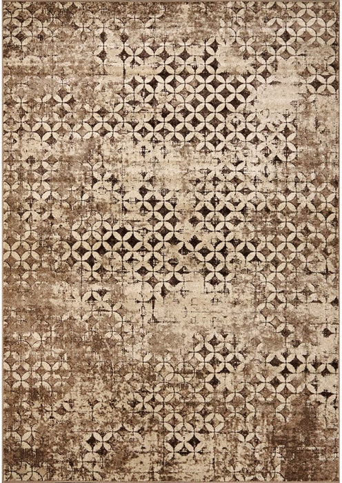 Covor modern bej maro cu model geometric vintage pentru living elegant