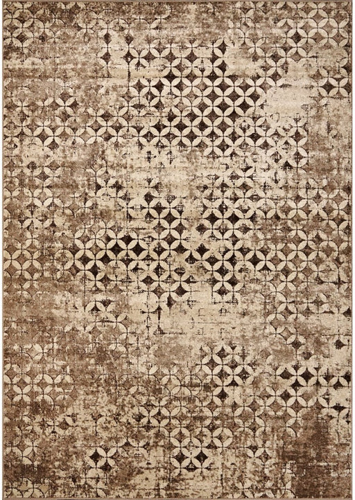 Covor modern bej maro cu model geometric vintage pentru living elegant