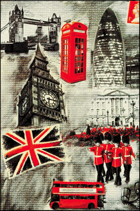 Covor modern pentru living cu imprimeu Londra, steag britanic si elemente urbane decorative.