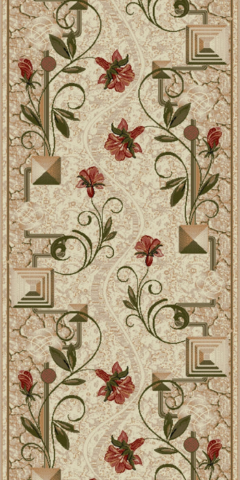 Detaliu model floral traversa covor crem bej, design elegant si decorativ
